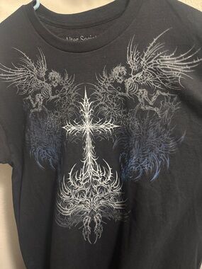 Men's Black Graphic Cross Tee with Blue Accents